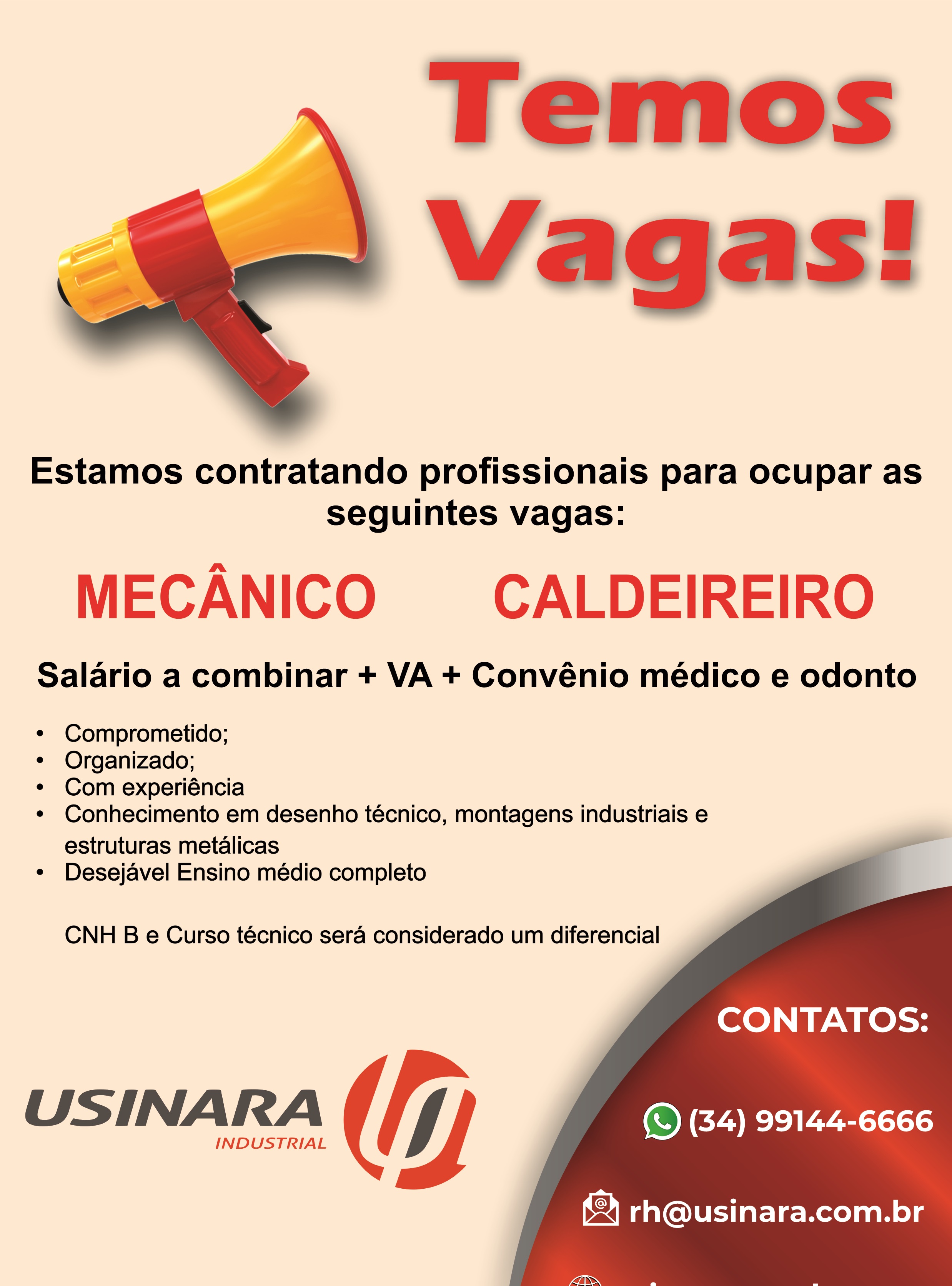Vaga de trabalho Usinara 01-2025 - Araxá Mecânico - Caldeireiro